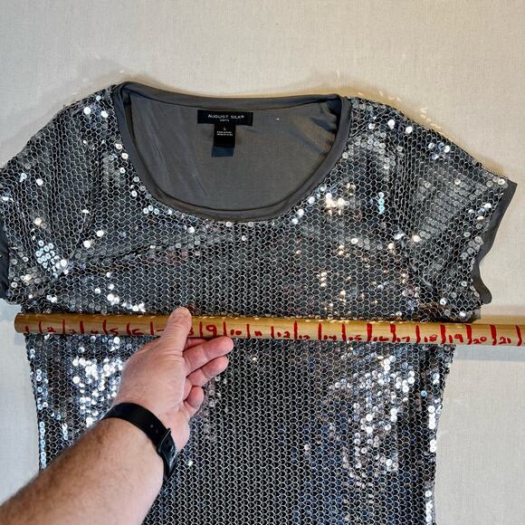 August Silk Knits Silver Sequin Scoop Neck Short Sleeve Top Woman's L - Picture 9 of 14